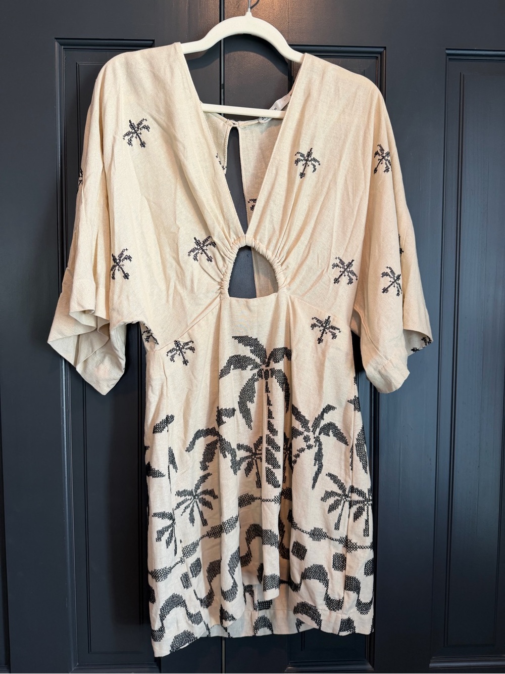 Beige Linen Embroidered Short Dress by Dress To